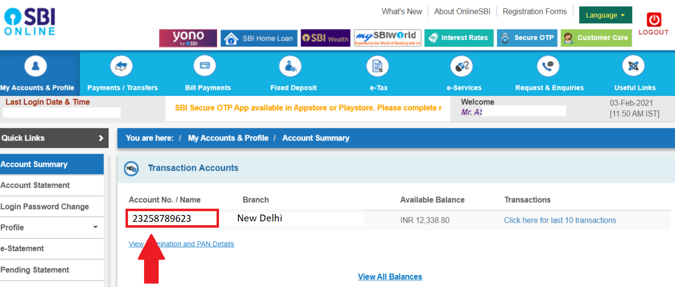 SBI Account Number Search by Name